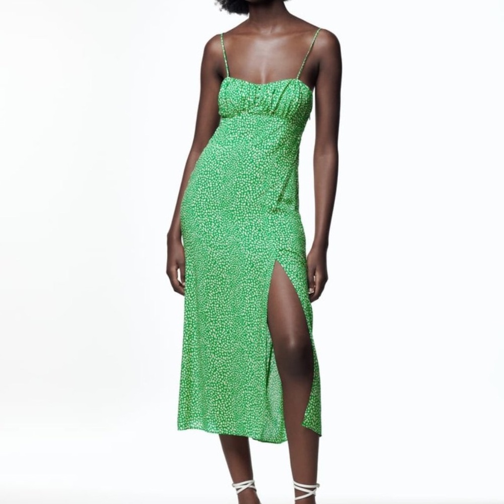 Zara side slit Summer Spring green animal print sleeveless dress - back strap